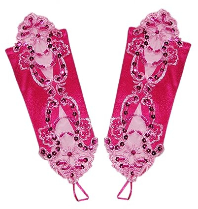 Damen Fingerlose Handschuhe,Elegante Spitzen Satin Handschuhe mit Pailletten,Brauthandschuhe,Opernhandschuhe,für Halloween,Bankett,Party,Hochzeit,Abschlussball,Cosplay,Tea Party Zubehör,Rosenrot