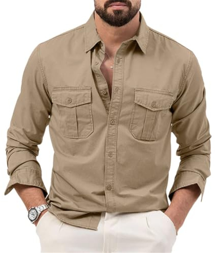 seiveini Chemise de Randonnée Homme Manches Longues Chemisier Fonctionnelle pour Pêche, Ourdoor, Trekking, Tactique Cargo Vintage A Kaki XL