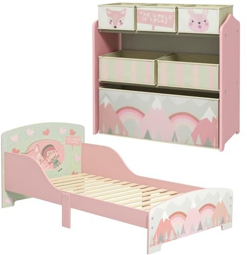 ZONEKIZ Conjunto para Niños Incluye 1 Cama Infantil de Madera con Barreras de Protección y 1 Estantería para Juguetes con 6 Cajas de Tela no Tejida Extraíbles Rosa