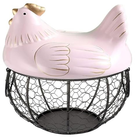 HYKJCSS Huevera Gallina Cesta para Huevos, Decoración De Pollo, Cesta De Almacenamiento De Huevos De Alambre De Malla con Tapa De Pollo De Cerámica, Soporte para Huevos De Granja Hueveras(Pink)