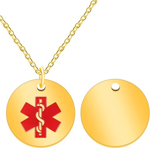 Zircobic Colliers ID d'Alerte de Maladie Personnalisés en Acier Inoxydable Doré Simples, Colliers Pendentif d'Identité avec Nom et Symbole Médical Personnalisé pour Hommes Femmes Pendentif Plaqué Or