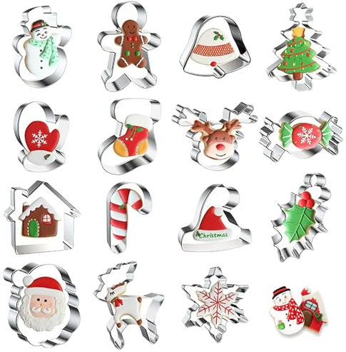 Christmas Cookie Cutter Set,15 Pieces Stainless Steel Christmas Biscuit Cutters Shapes- Gingerbread Boy,Christmas Tree,Snowflake,Reindeer,Snowman,Santa,Claus,Socks for Cookie DIY Baking