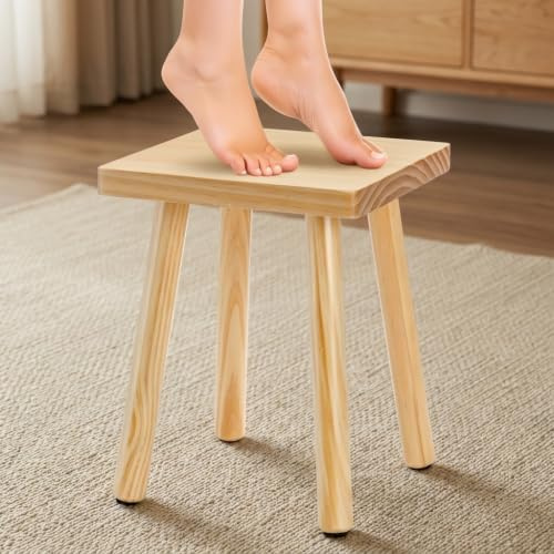 Goaste 9.5 Inch Wooden Step Stool, Solid Square Sitting Stool for Adults Kids, Multi-Purpose Short Chair Perfect Matched Sensory Table, 4-Legged Small Foot Rest Stool for Playroom, Kitchen, Bedroom