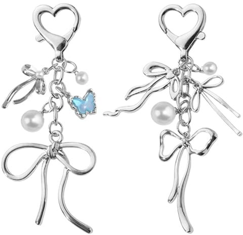 2pcs Silber Bogen Schlüsselanhänger Personalisiert Herz Perle Schmetterling Schleife Schlüsselringe Schlüsselbund Anhänger Tasche Schlüsselkette Taschenanhänger Damen Keychain Phone Charm Bag Charms