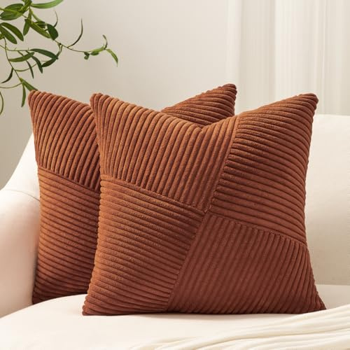 Topfinel Kissenbezug 60x60 Herbst Karamell Orange Rost 2er Set Windmühle Streifen Muster Cord Kissenbezüge Kissenhülle Sofakissen Dekokissen deko für Sofa Bett Wohnzimmer