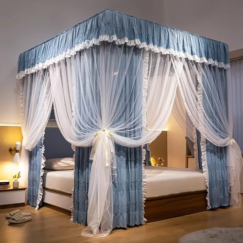 RDWQDGJG Eleganter Luxus-Moskitonetz-Betthimmel mit 4 Eckpfosten, Rüschen, Prinzessinnen-Betthimmelvorhänge, elastisches Dach, Doppellagiges, gemütliches Vorhangnetz für die Schlafzimmerdekoration vo