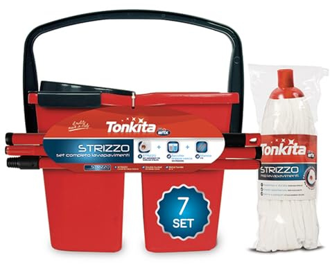 TONKITA | Strizzo, Bodenreinigungsset, 3-teilig, Eimer mit 2 Schüsseln mit Auswringer 14 Liter, Stiel 130 cm in modular lackiertem Stahl, Wischmopp Bodenwischer - 7 Sets, Rot