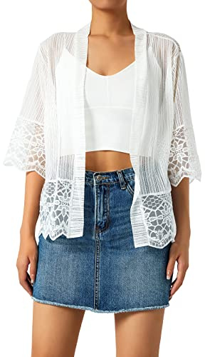 WWAYBEI Women's Casual Lace Crochet Cardigan Shrug Open Front Bolero Jacket Floral Mesh Sheer Summer Beach Cover Up