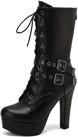 Galindopia Black Plateau Stiefel Mid Calf für Damen Blockabsatz Nieten Studs Gotisch Punk Schnüren Knight Biker Half Botines de Mujer Size 38