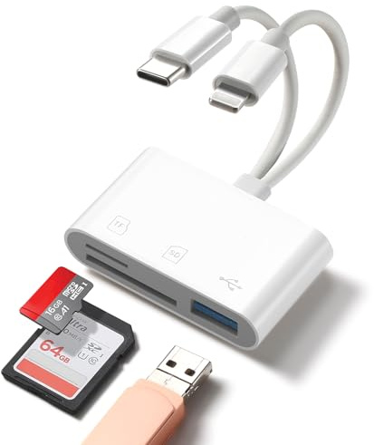 WEZAFO Lector de tarjetas SD para iPhone Android, adaptador de tarjeta de memoria integrado Dual iOS y conector USB C lector de tarjetas con USB-A/SD/MicroSD 3 ranuras, no requiere aplicación, Plug
