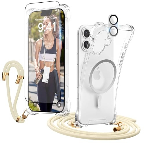 GUtttGU Coque pour iPhone 17 avec Cordon, BeigeCordon Long de Collier & Dragonne Courte de Poignet, Coque Magnétique TPU Bumper Transparente + Verre Trempé + Caméra Protecteur