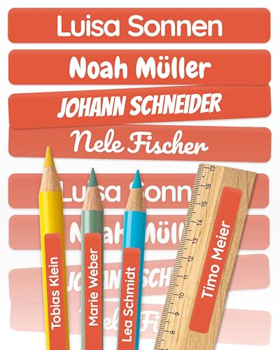 melu kids® Namensaufkleber Kinder für Schule & Kita (75 Stk, Rot) | Personalisiert & Spülmaschinenfest, Aufkleber mit Namen für Stifte und Schulsachen, Klebeetiketten