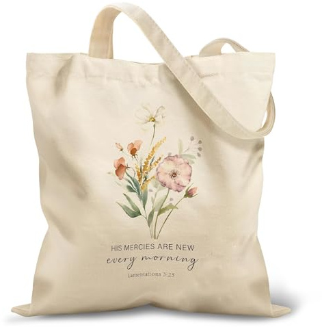 Tote Bag Blumen Bibelmotiv, Canvas Stofftasche Damen mit doppelseitigem Druck Stoffbeutel, Vintage Beutel mit Innenfach, Stofftaschen Retro Umhängetasche Geschenk für Arbeit Einkaufen Reisen Kirche