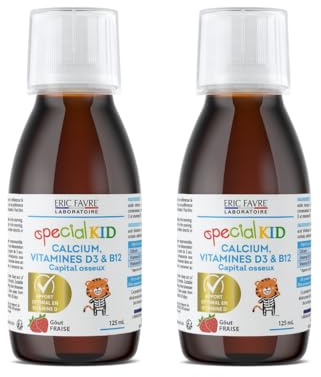 SPECIAL KID CALCIUM, VITAMINES D3 & B12 - Croissance & Développement Osseux - Solution Buvable 125 ml - Goût Fraise - Bouchon Doseur - Programme 50 Jours - Eric Favre Laboratoire