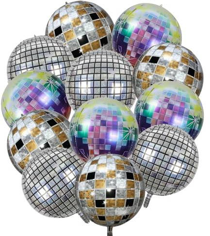 Ballons Disco en Aluminium, 12 Pièces Ballon Disco 22 Pouces 4D Foil Ballon Rond Décorations de Fête Pour Party Mariage Anniversaire Carnaval Graduation Party