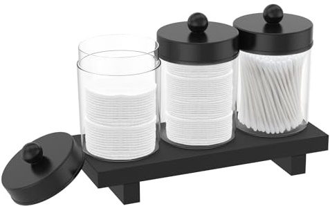 harupink 3 recipientes para bastoncillos de algodón, dispensador de almohadilla de algodón con tapa y bandeja de madera, resistente al polvo y a la humedad, soporte para hisopos de algodón para
