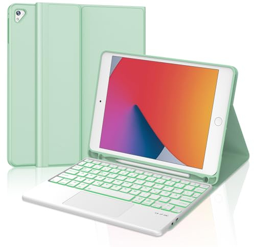 JADEMALL Für iPad 9,7 Hülle mit Tastatur & Touchpad – 7-Farb LED, Deutsch QWERTZ, Bluetooth 5.0 für iPad 9,7 (6./5. Gen/Pro 9,7, Air 2/1), 120 Tage Standby, abnehmbar, Mintgrün