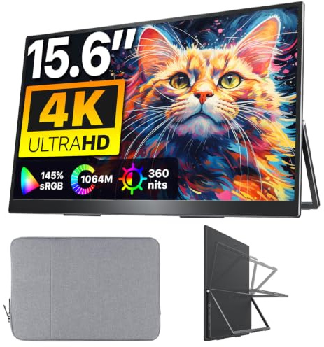 Upperizon Portable Monitor 15.6 Inch 4K UHD 3840X2160 145% sRGB IPS HDR HDMI USB-C Travel Monitor for Laptop MacBook PC Surface PS5 Xbox, External Display with Kickstand & Speakers, VESA Compatible