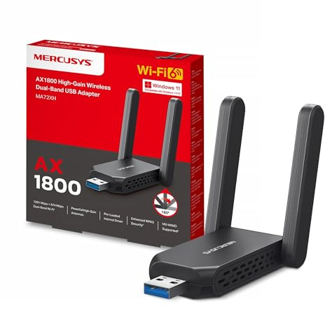 NEW MERCUSYS MA72XH AX1800Mbps WiFi Dongle for PC, Dual-Band USB Adapter with 2 High-Gain Antennas, Plug and Play, USB 3.0 Superior Transfer Speeds, MU-MIMO, WPA3 Security, Supports Windows 10/11