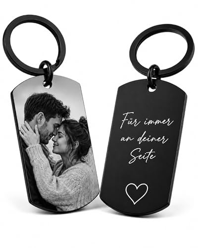 SCHILDER HIMMEL NEU! Personalisierter Schlüsselanhänger mit Foto Gravur beidseitig – Edelstahl Anhänger schwarz – Eigenes Bild & Wunschtext – Individuelles Geschenk für Partner, Familie & Freunde