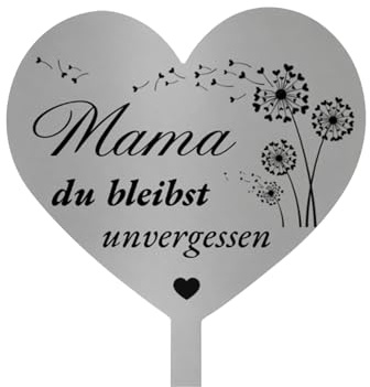 Scinzene Grabschmuck Wetterfest Edelstahl Herz, Grabstecker mit Spruch Mama du bleibst unvergessen, Edelstahl Grabdeko Löwenzahn, Grabdekoration Wetterfest, Gedenkstecker für Friedhof und Urnengrab
