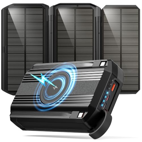 Batterie Externe Solaire Charge Rapide 63200mAh,15W Chargement sans Fil | PD 30W USB C Power Bank avec 4 Câble intégrée, 3 Port, Lampe de poche, Chargeur Solaire pour Téléphone