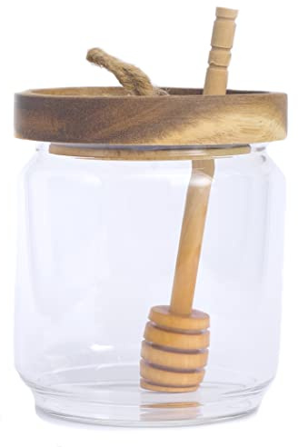 Honey Jar Pot Glass Holder Dispenser Set with Wooden Dipper Stick and Acacia Lid Cover for Home Kitchen, Clear, Modern Honey Syrup Glass Container for Storage Gift, Honey Pot and Drizzler (14 Oz)