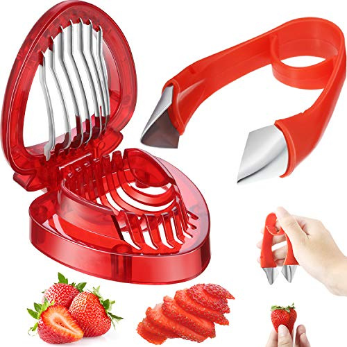 Patelai 2 Pieces Strawberry Slicer Cutter Set, Strawberry Huller Stem Remover Fruit Leaves Huller Peeling Tool Kitchen Accessories Corer for Tomato Pineapple