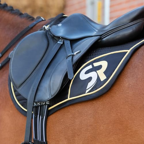 SUNRIDE Springschabracke für Pferde - Mesh-Material als zusätzliche Belüftung gegen Hitzestau, pflegeleicht und formbeständig (Full, schwarz/Gold)