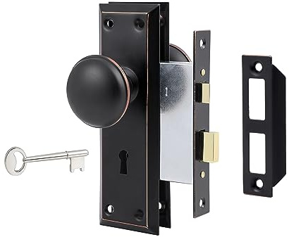 newliplace Serrure à mortaise pour porte intérieure/extérieure, bouton de porte vintage avec serrure et clé squelette, serrure de porte en bronze huilé