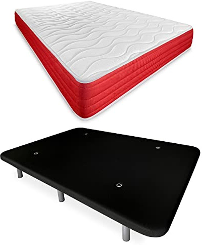 DUÉRMETE ONLINE - Cama Completa con Colchón Lite Reversible + Base Tapizada Reforzada Color Negro con 6 Patas Metálicas Roscadas, 90 x 190