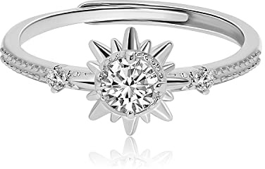 Meissa Bagues Reglable Soleil en Argent 925, Bague Promesse Mariage, Bague Zircone Cubique Alliance Femme, Bague de Fiançailles, Cadeaux de Bijoux, Taille Ajustable de 44 à 61.5, Argent