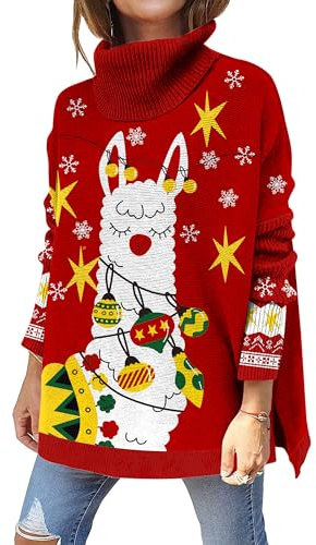 kids4ever Damen Weihnachtspullover Hässlich Alpaka Bedruckter Rollkragenpullover Langarm Seitlicher Schlitz Weihnachten Strickpullover Weihnachtspulli Winterpullover Rot S