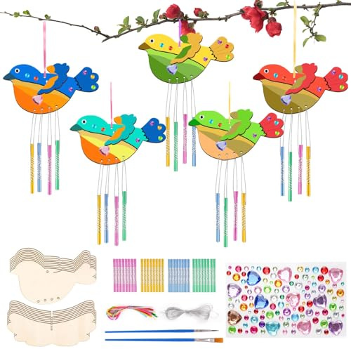 Moosono DIY Vögel Windspiel Bastelset Kinder DIY Holzanhänger Bastelset | Holz Basteln Kindergeburtstag Geschenke Kreativsets Klangspiele für Frühling für Mädchen Jungen