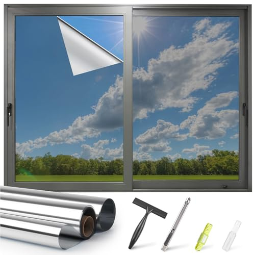 Kromapolis One Way Window Privacy Film Reflective Mirror Home Window Tint, Daytime Privacy Heat Control Anti UV Glass Tinting Static Cling (Silver, 17.5 x 78.7 inch)