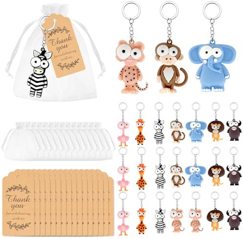 24Pcs Llaveros para Niños Juegos de Baby Shower 8 Estilos Llavero Dibujos Animados Detalles Bautizo Colgante con 24 Bolsas de Organzas y Etiquetas, Regalos de Cumpleaños, Boda Invitados, Comunión