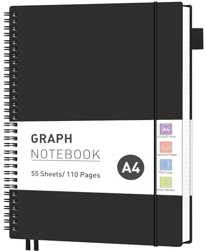 RETTACY Anteckningsbok, A4-format, rutigt papper, collegeblock med 55 ark/110 sidor, mjukt PVC-skydd, spiralbok med papper på 100 g/m², för skola, konferenser och som dagbok, 21,5 x 27,9 cm, svart