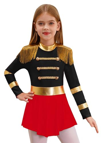 YEAHDOR Déguisement Dompteuse Fille Monsieur Loyal Cosplay Carnaval Halloween Costume Cirque Ringmaster Justaucorps Gymnastique Danse à Franges Manches Longues 5-16 ans Noir 5-6 ans