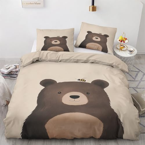 Housse de Couette 140x200 Ours avec 1 Taie d'oreiller 65x65 cm - Decoration Ours, Parure de Lit 1 Personne Enfant Animaux de Dessin Animé, Linge de Lit en Microfibre Douce avec Fermeture éclair C*&248
