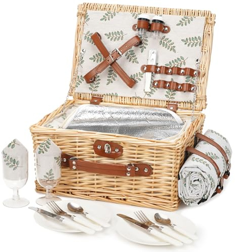 Picknickkorb für 2 Personen, Picknickkorb-Set mit Kühlfach und wasserdichte Picknickdecke, Besteck Set, Handgefertigtes Weidenkorb Picknick Korb Geschenk für Camping, Strand, Wandern (Blatt)