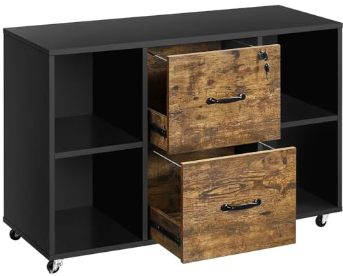 Yaheetech Mobile File Cabinet, Lateral Storage Cabinet 2 Drawers and 4 Open Storage Shelves, Home Office Rolling Printer Stand Side Filing Cupboard, Black/Rustic Brown