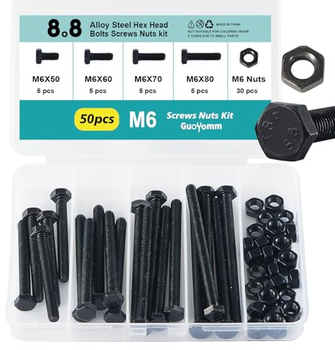 GuoYomm M6 x 50mm 60mm 70mm 80mm Hex Head Bolts and Nuts, M6 x 1.0 Bolts, Hexagon Head Screws, 8.8 Grade Alloy Steel, Black Oxide Finish, Fully Thread, Assortment Kit 50PCS