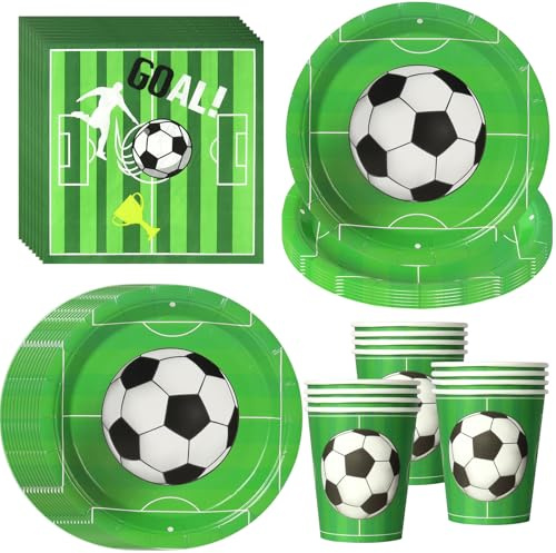 PYAILI 52 Stück Grün Fußball Partygeschirr für 16 Gäste | Fussball Partygeschirr, Pappteller Pappbecher Servietten, Fussball-Deko für Mädchen & Jungen Kindergeburtstag
