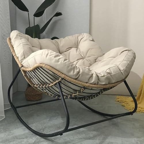 KOGTYB Outdoor Papasan Rocking Chair with Padded Cushion, Oversized Comfy Patio Chair Indoor Wicker Egg Rocker Chair, Steel Frame Modern Lounge Chair for Balcony