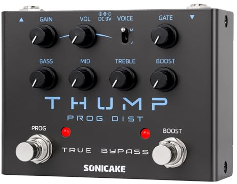 SONICAKE High-Gain Distortion Pedal, Built-in Independent Boost & Noise Gate Guitar Bass Effects Pedal, 2 Tone Modes, Pure Analog Circuit, True Bypass - Thump