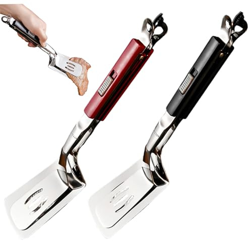 Espátula de acero inoxidable para parrilla paquete de 2 pinzas con cierre deslizante y mango antiescaldaduras para voltear filetes pescado y hamburguesas.