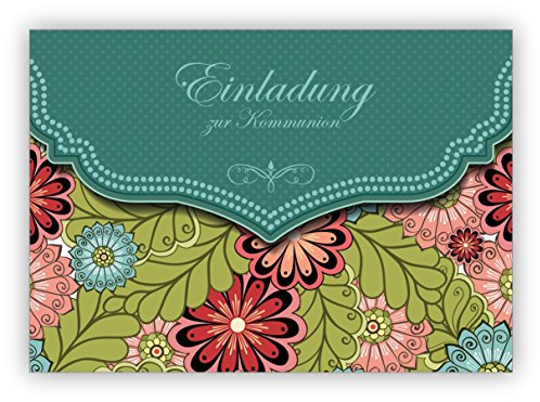 Kartenkaufrausch Im 5er Set: Edle Einladungskarte mit modernem Blumen Muster in grün für Mädchen: Einladung zur Kommunion