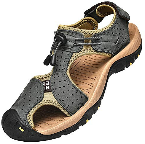 rismart Homme Bout Fermé Crochet&Boucle De Plein air Randonnée Cuir Chaussures Sandales SN1505(Gris Foncé,41 EU)