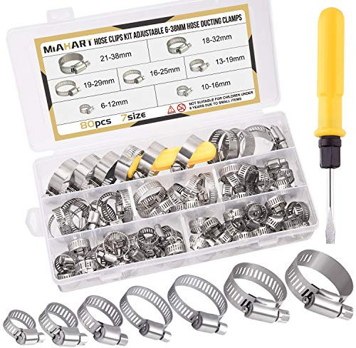 MIAHART 80 Stücke Schlauchschelle Set 6-38mm Einstellbare Edelstahl Rohrschellen 7 Größen Schlauchklemmen für Waschmaschine, Garten, Spülmaschine, Pool, Auto
