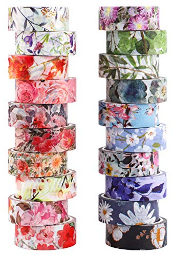 Gukasxi 20 rullar Washi-tejp med blommönster, blommor, dekorativt band för scrapbooking, presentförpackning